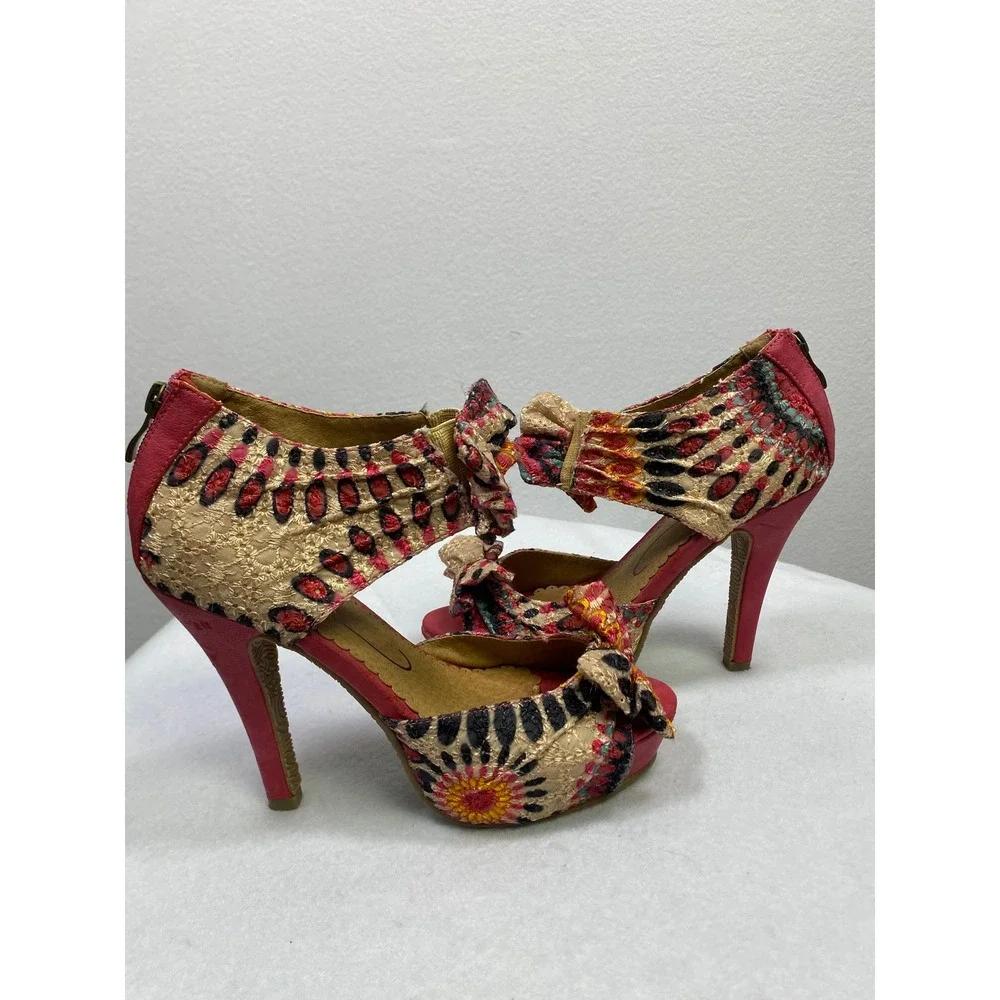 Women's Pink Tan Tribal Print‎ Stiletto Heels Sandals Open Toe Bow Ankle Strap